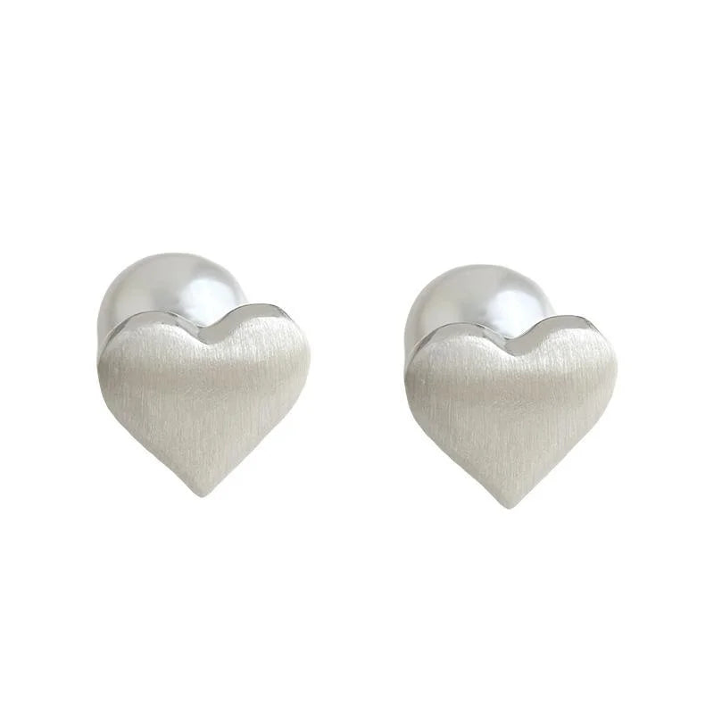 Dual Wear Elegant Copper Heart Pearl Stud Earrings With Silver Plated Pins Matte Brushed Finish