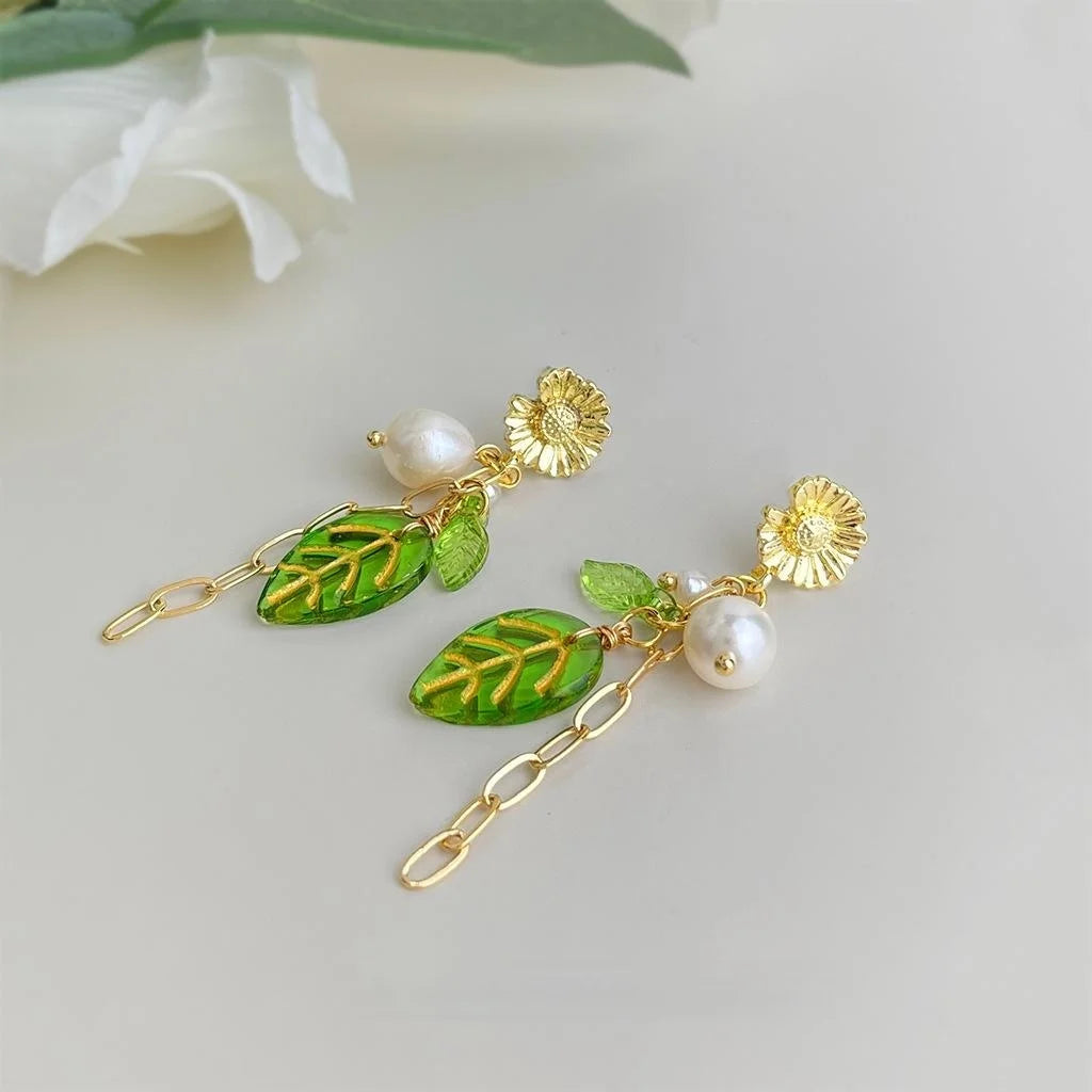 Natural Freshwater Pearl Floral Leaf Tassel Drop Earrings Handmade Forest Style Jewelry