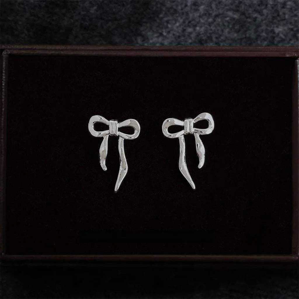 Sweet Ballet Bow Ribbon Stud Earrings Smooth Metal Copper For Women