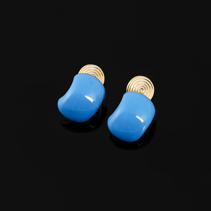 Elegant Klein Blue Enamel Rounded Bean Stud & Clip On No Piercing Women's Fashion Earrings