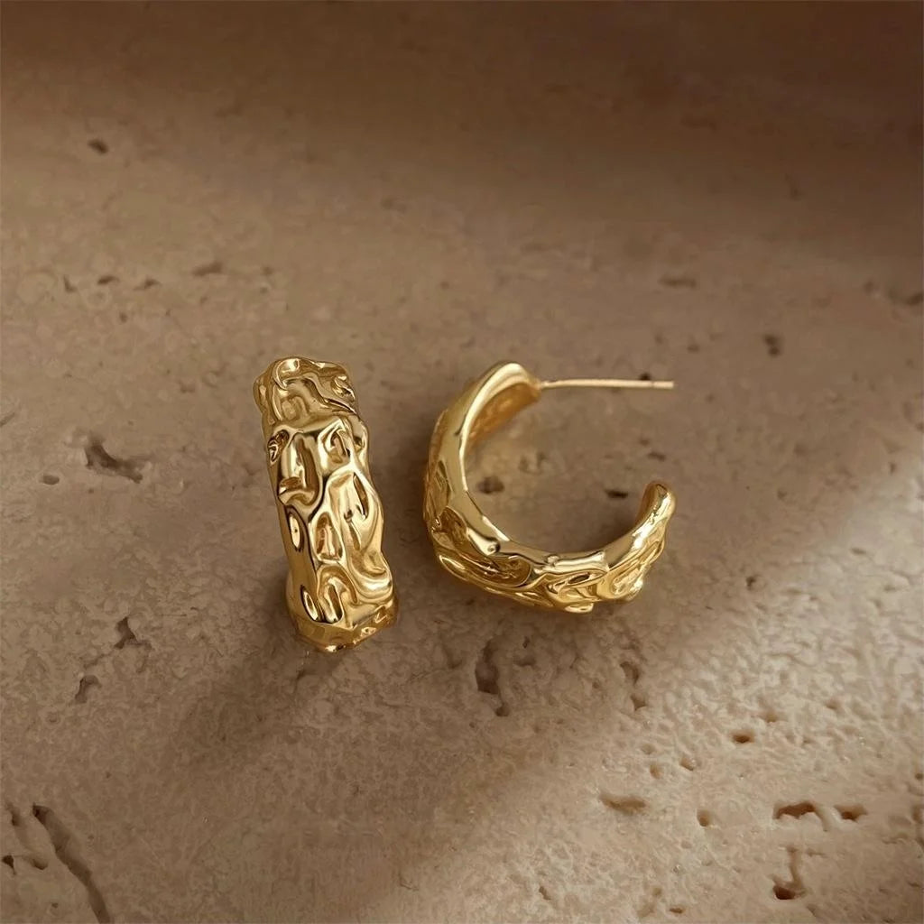 14K Gold Plated Copper C Shape Hoop Earrings Textured Geometric Minimalist Luxury Style