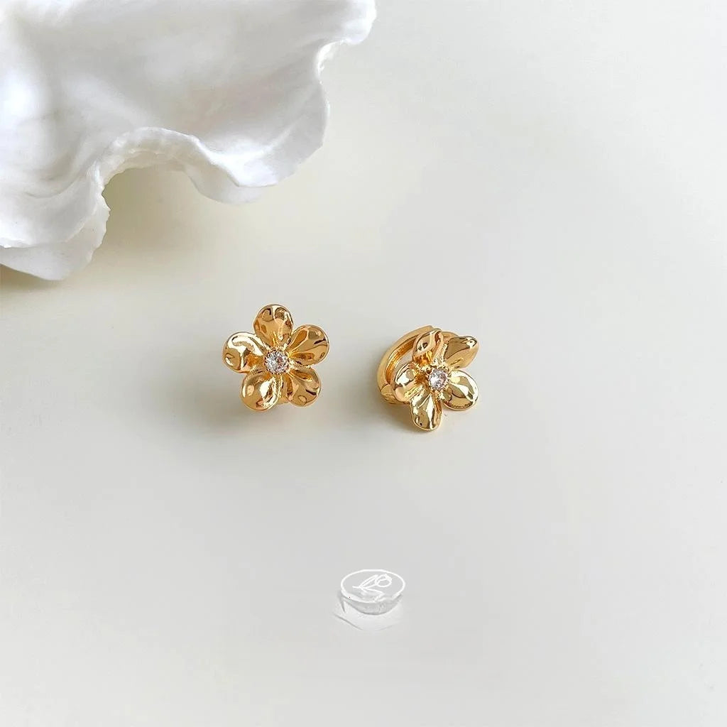 Copper Micro Pave Zircon Peach Blossom Stud Earrings Sweet 3D Flower Spring Jewelry
