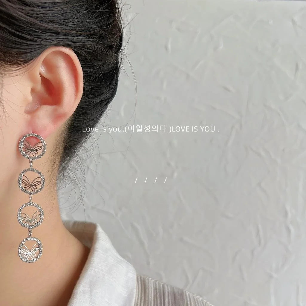 Luxury Copper Silver Plated Full Rhinestone Petal Butterfly Tassel Stud Earrings For Women