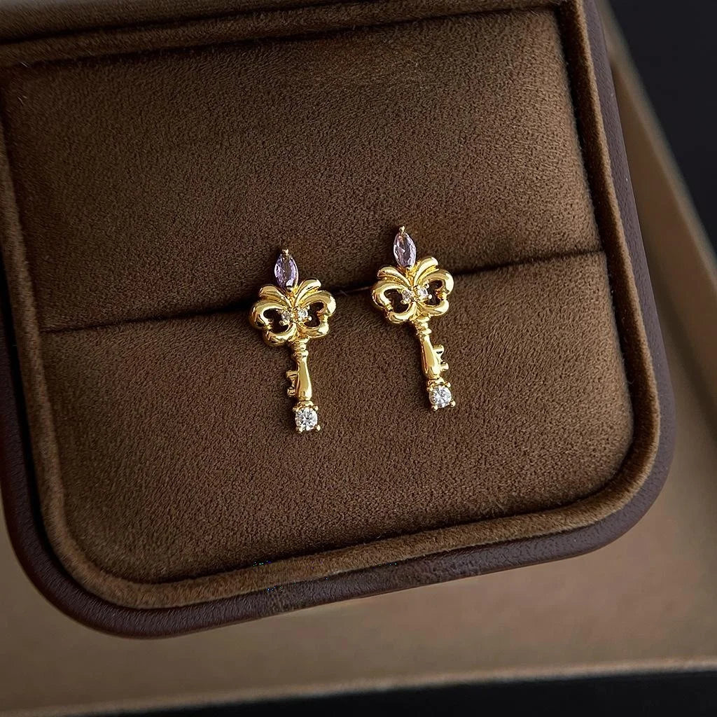 Original Designer Iris Flower Key Stud Earrings Micro Paved Zircon Copper Fashion Jewelry
