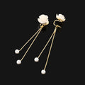 Elegant Rose Flower Pearl Tassel Alloy Chain Stud & Clip On No Piercing Long Drop Earrings