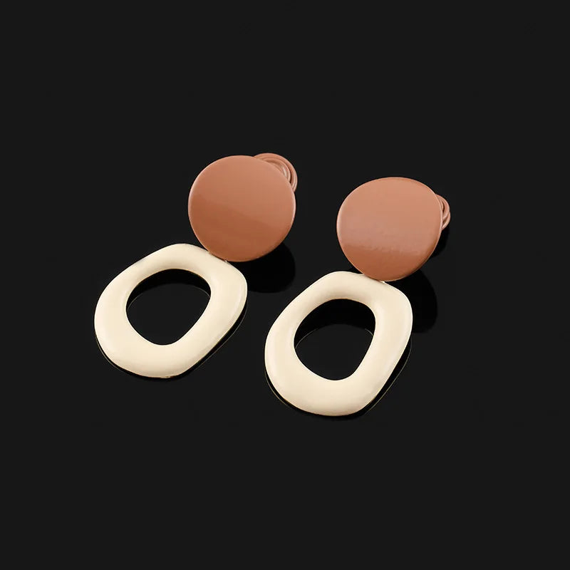 Elegant Vintage Milk Tea Enamel Alloy Round Disc Hollow Oval Drop Stud & Clip On No Piercing Earrings