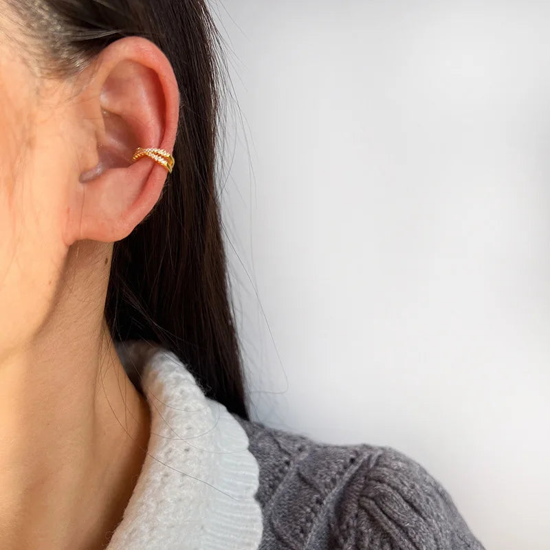 Elegant X Cross Zircon Ear Cuff Stud & Clip On No Piercing Layered Gold Alloy Women'S Earrings