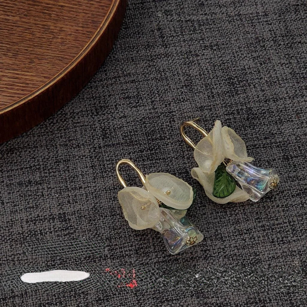 14K Plated Lightweight Acrylic Sheer Gauze Flower Drop Earrings For Women Vintage Forest Style