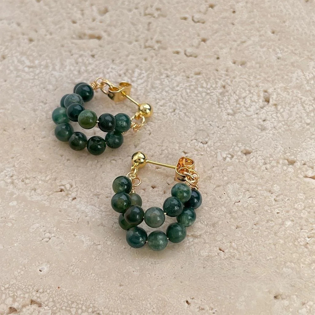 Forest Green Agate Drop Earrings New Chinese Style U Shape Geometric Round Hoop Jewelry