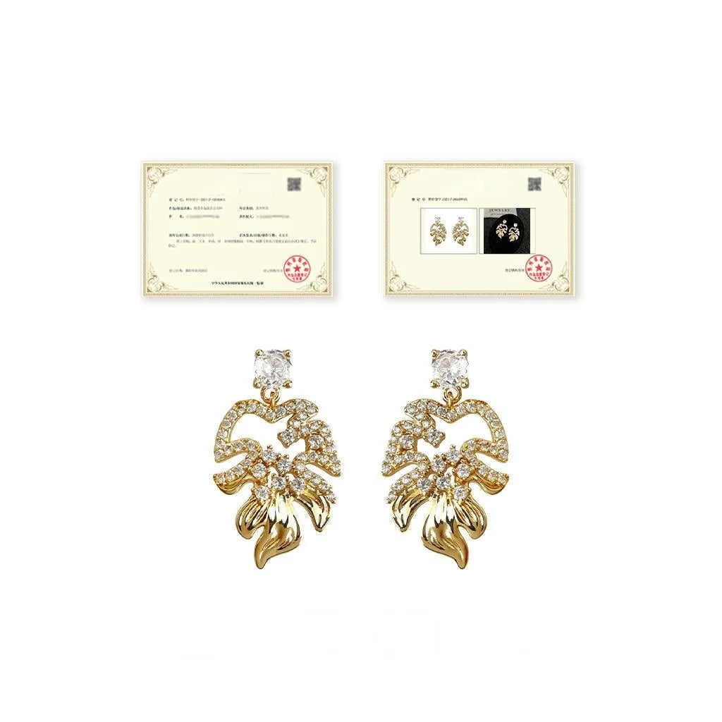 Original Design Micro Pave Zircon Hollow Leaf Drop Earrings Eco Friendly Copper Silver Plated Pin