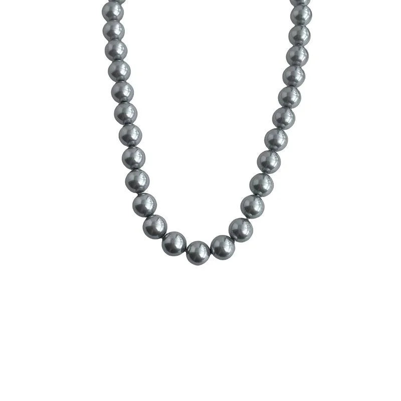 14K Plated Gray Glass Pearl Geometric Round Sweater Necklace Choker