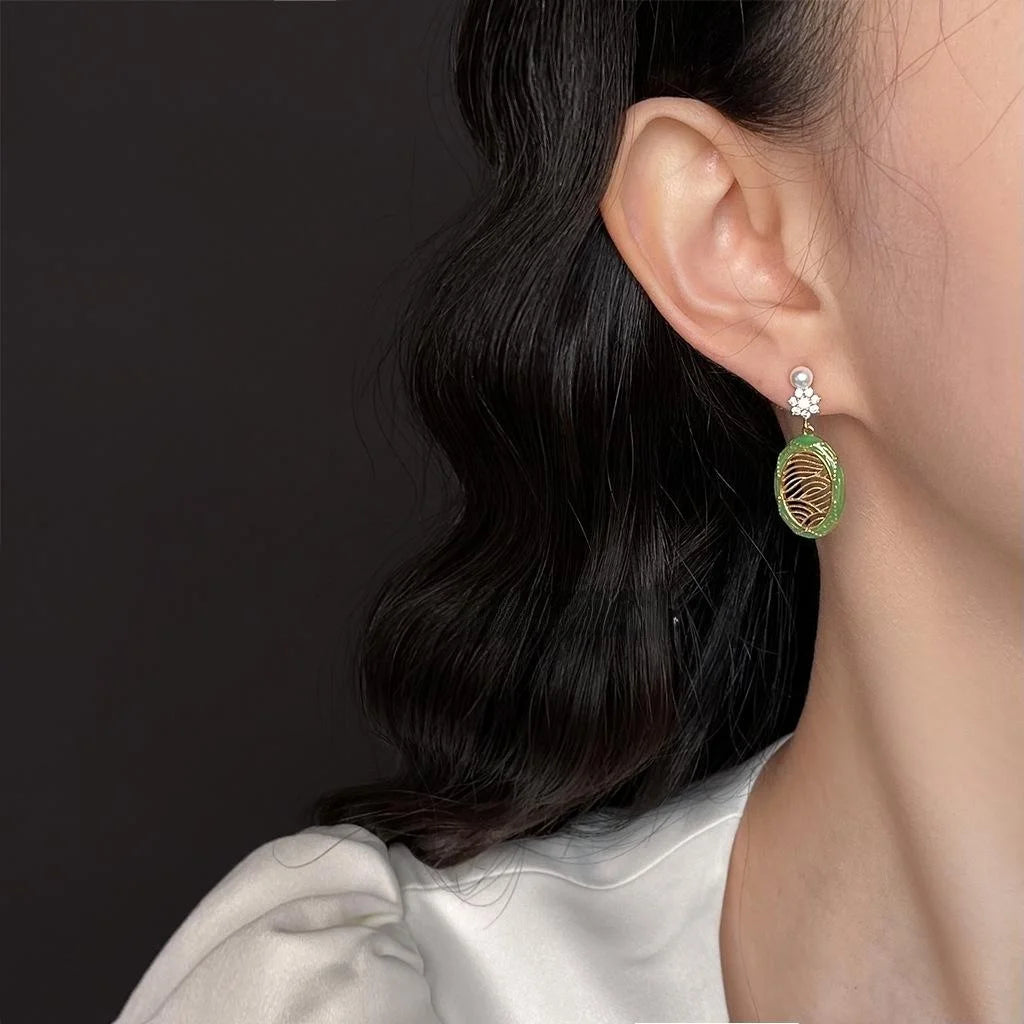 New Chinese Style Green Enamel Micro Pave Zircon Floral Copper Drop Earrings