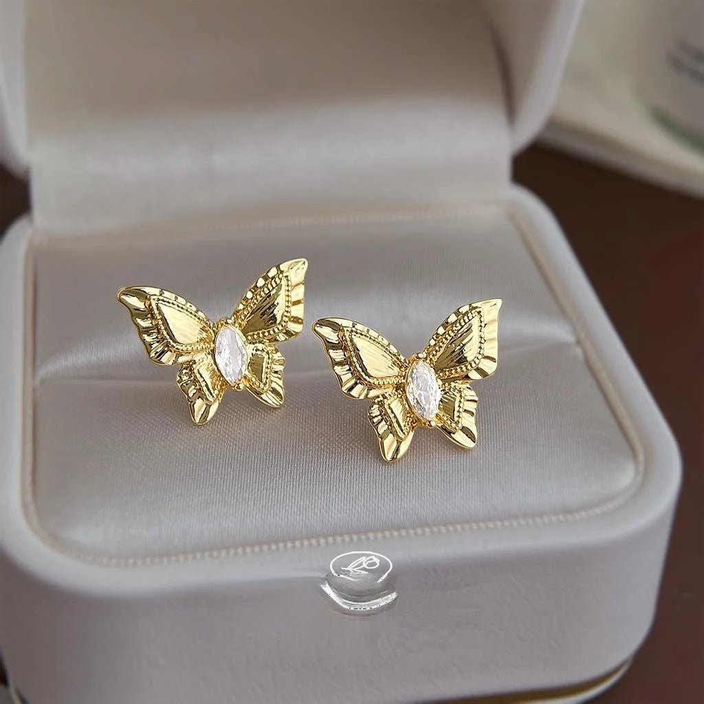 French Light Luxury Vintage Butterfly Stud Earrings Eco Copper Micro Pave Zircon Textured Chic Jewelry