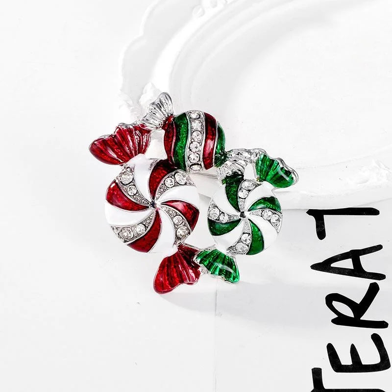 Cute Christmas Candy Brooch With Enamel Rhinestone Alloy, Red Green Peppermint Lapel Pin Corsage Gift