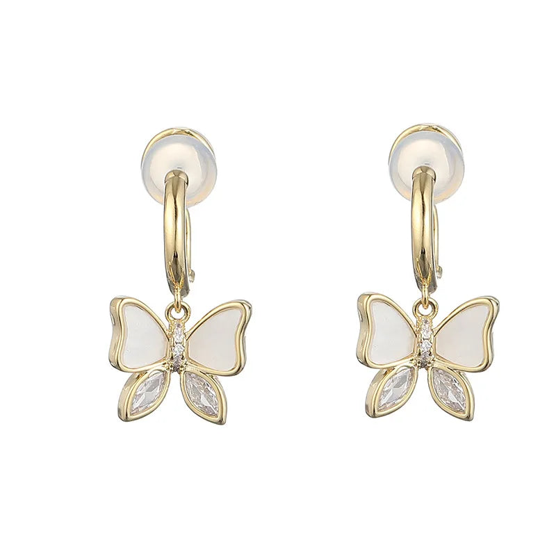 Elegant White Enamel Butterfly Alloy Zircon Stud & Clip On No Piercing Bow Dangle Earrings