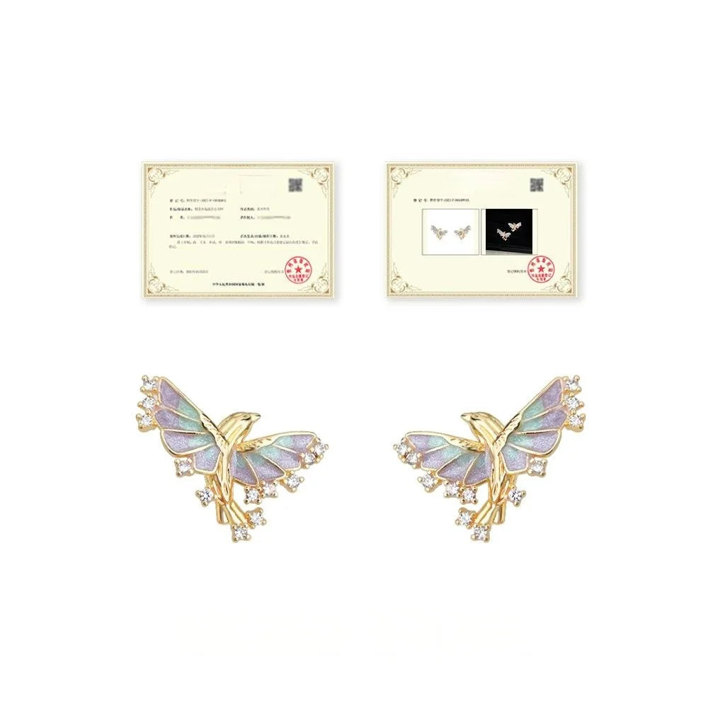 14K Gold Plated Copper Flying Fish Zircon Enamel Stud Earrings Fairy Style Jewelry