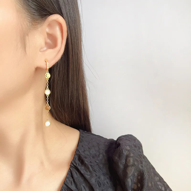Elegant Shell Moon Disc Long Chain Tassel Gold Tone Alloy Rhinestone Stud & Clip On No Piercing Earrings
