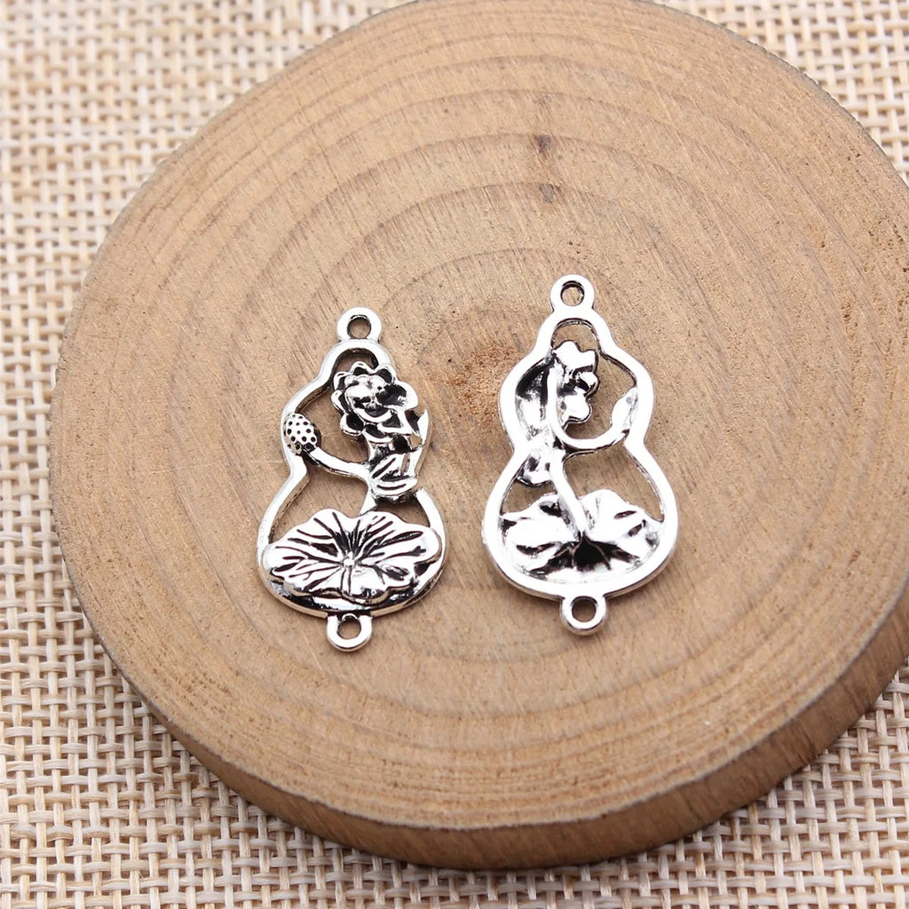 26x14mm 1.34g Antique Silver Zinc Alloy Lotus Leaf Gourd Connector Charm for Chinese Style Jewelry