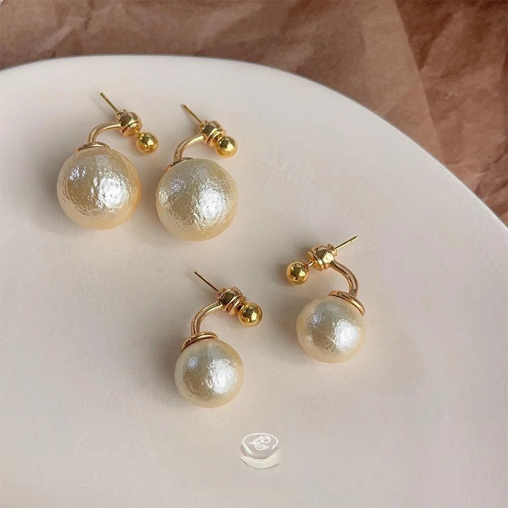 Two-Way Cotton Pearl Drop Earrings, Round Geometric Light Luxury Commuter Ear Jewelry