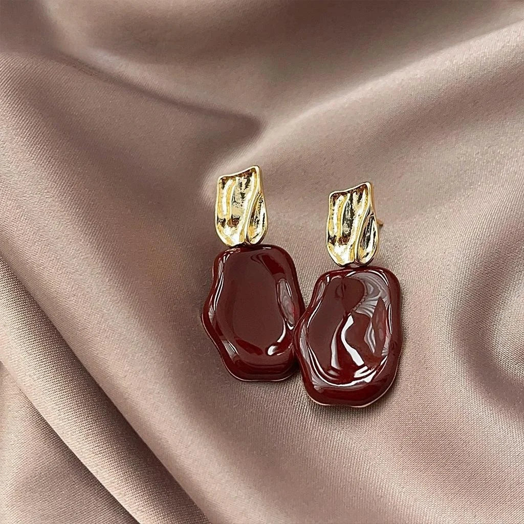 14K Plated Copper Burgundy Enamel Irregular Geometric Hong Kong Vintage Drop Earrings