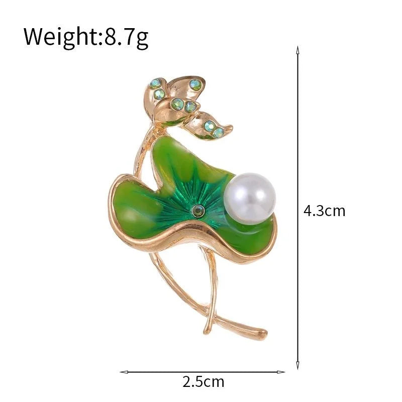 Elegant Lotus Leaf Pearl Brooch With Enamel Alloy Rhinestone Accents, Women's Lapel Pin Corsage Gift