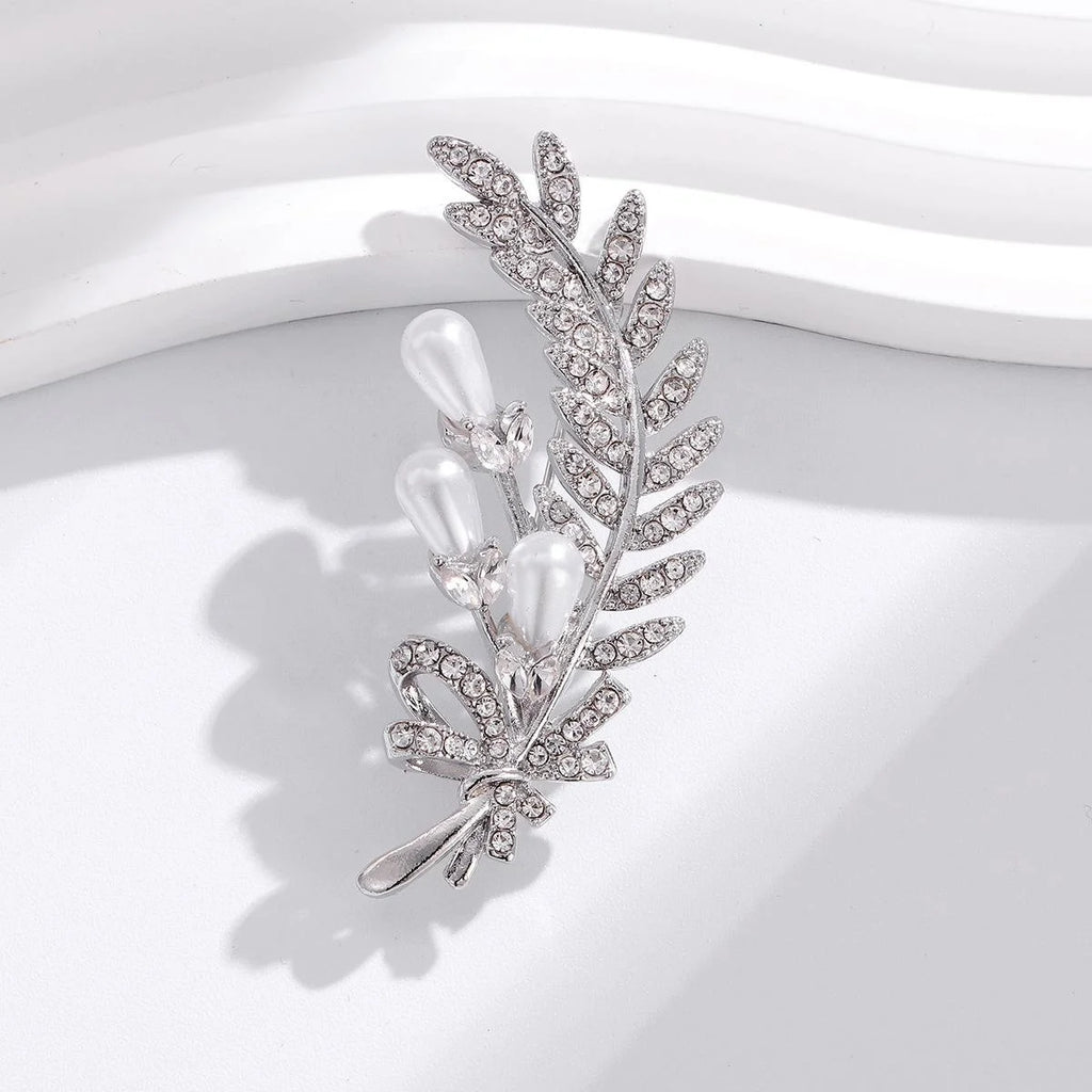 Elegant Wheat Leaf Brooch With Faux Pearl And Rhinestone Accents, Silver Alloy Lapel Pin Corsage Gift