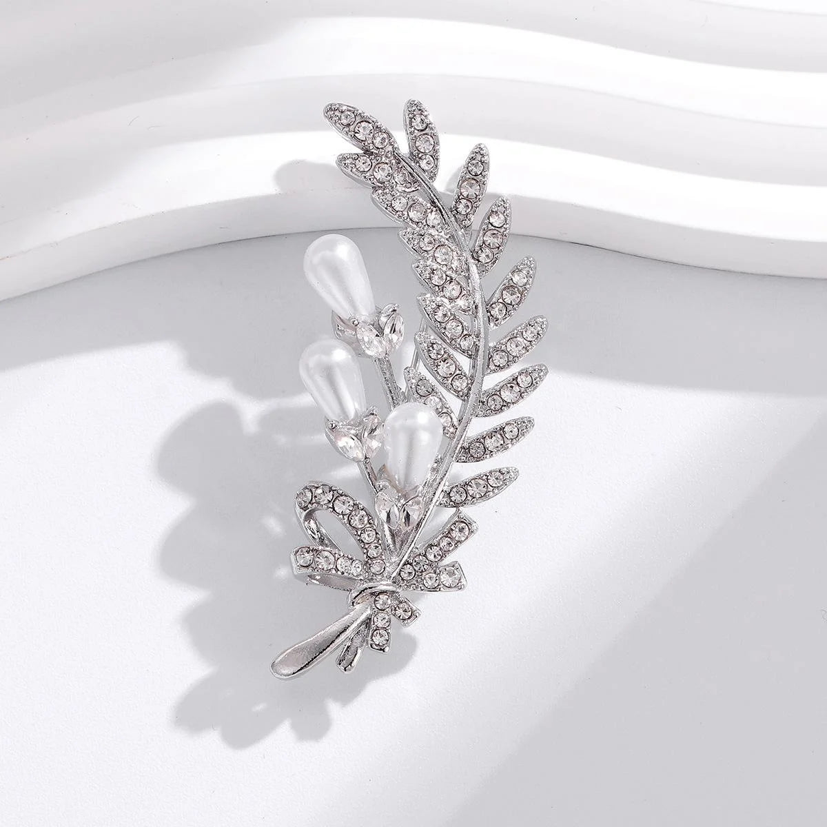 Elegant Wheat Leaf Brooch With Faux Pearl And Rhinestone Accents, Silver Alloy Lapel Pin Corsage Gift