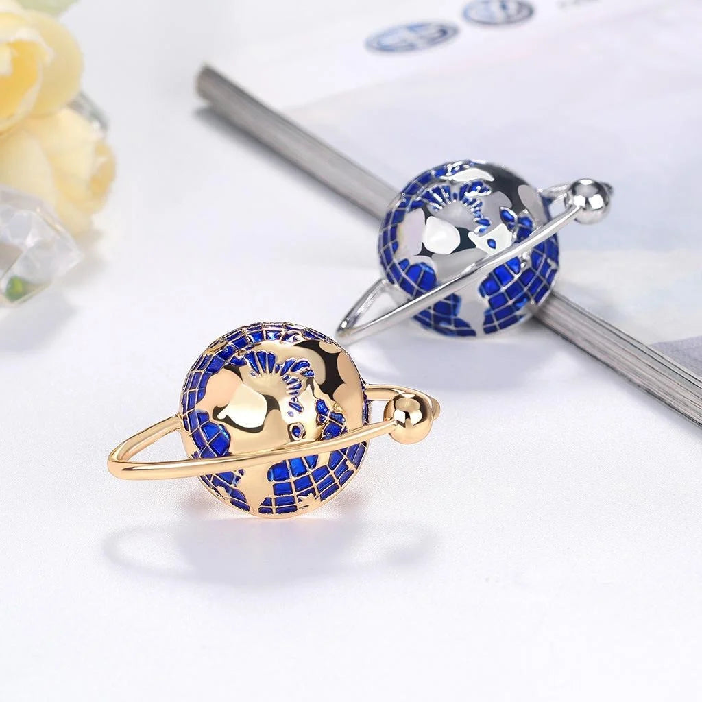 Elegant Blue Enamel Planet Earth Globe Brooch, Gold Tone Alloy Universe Lapel Pin Suit Accessory Gift