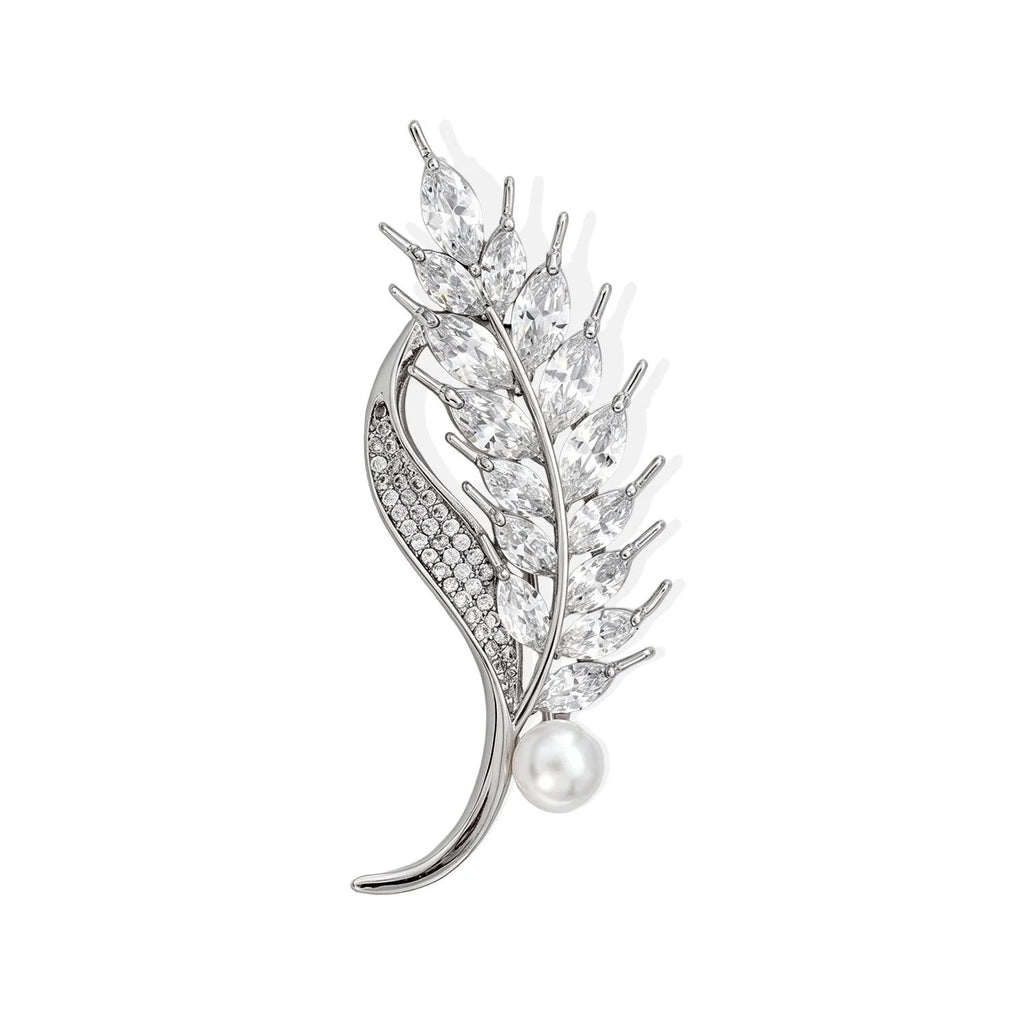 Luxury Wheat Stalk Brooch With Marquise Zircon Rhinestones And Pearl, Elegant Lapel Pin Suit Accessory Gift