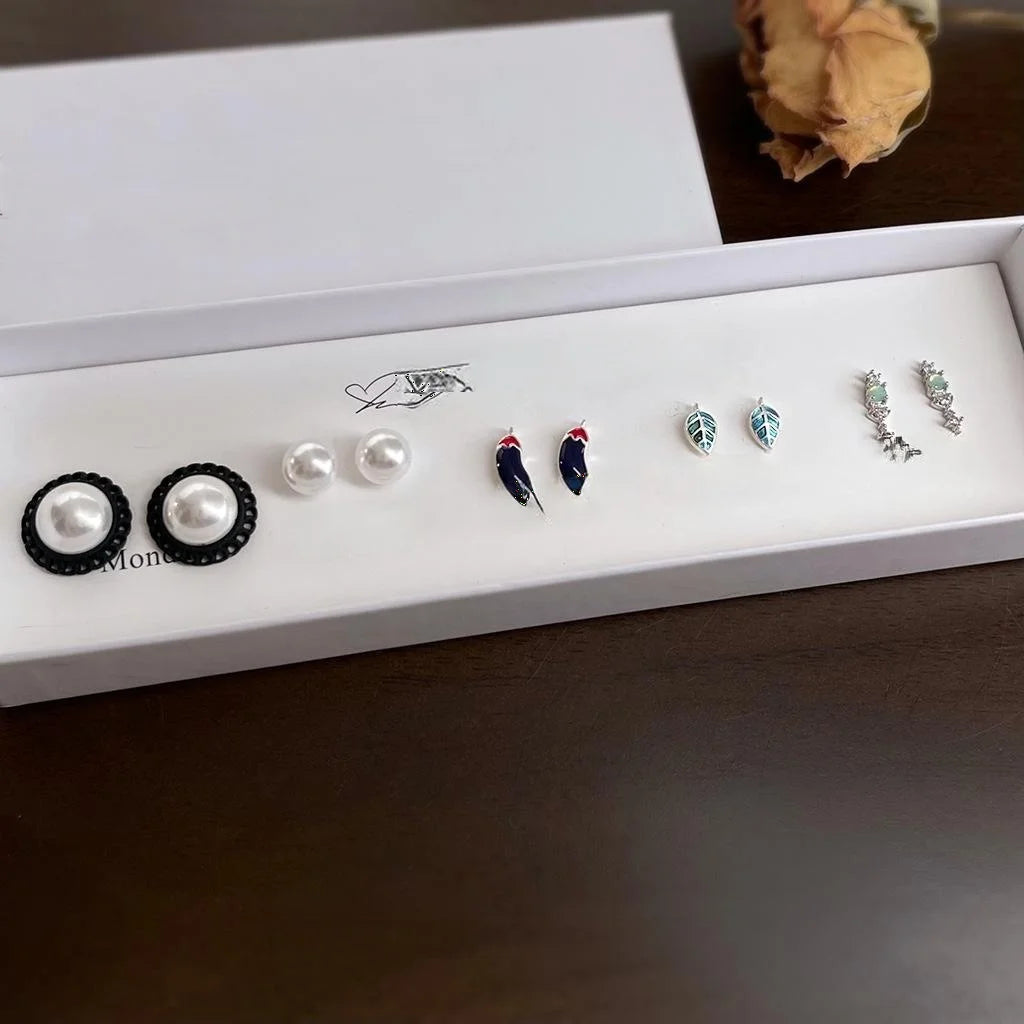 5-Piece Copper Zircon Enamel Pearl Stud Earrings, Fruit Geometric Gift Box