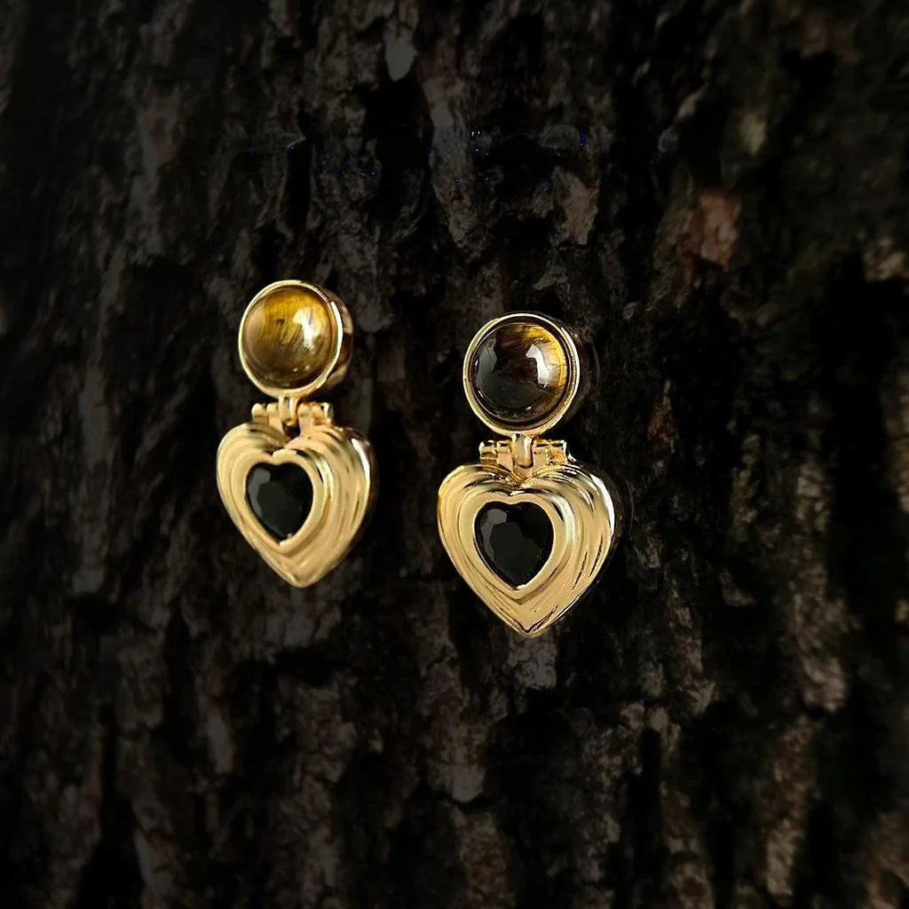 Vintage Maillard Style Tiger Eye Heart Geometric Zircon Drop Earrings