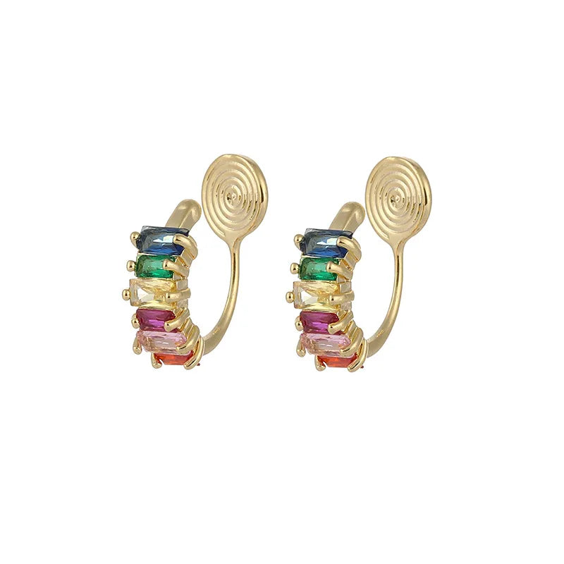 Elegant Colorful Zircon Spiral Hoop Stud & Clip On No Piercing Alloy Contrast Circle Ear Cuff Earrings