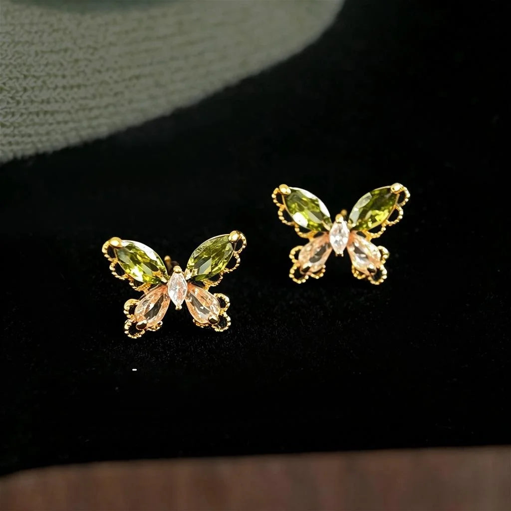 Light Luxury Forest Style Olive Green Zircon Butterfly Copper Stud Earrings for Women