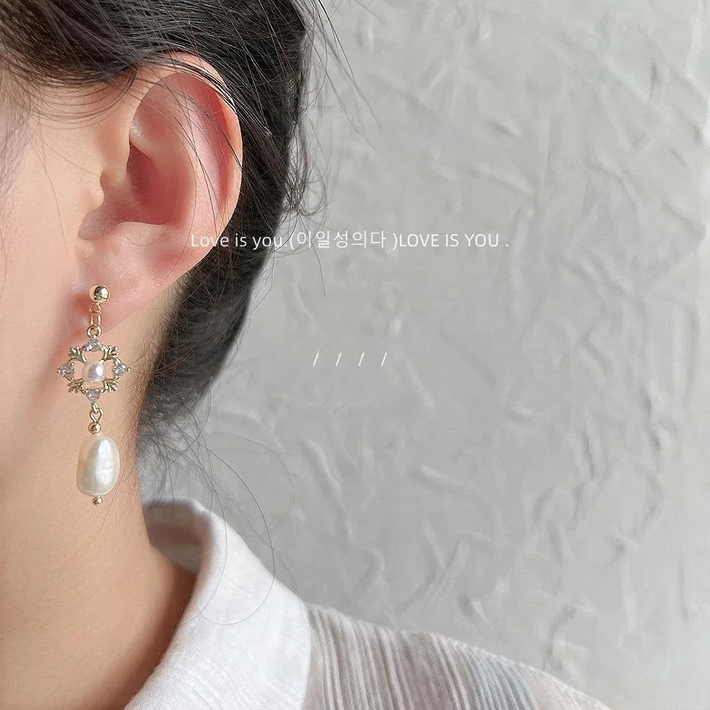 Vintage Geometric Baroque Freshwater Pearl Stud Earrings 14K Plated Copper Micro Pave Zircon