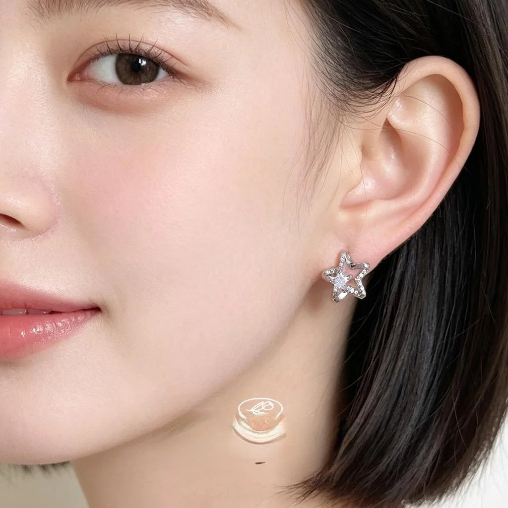 Sweet Cool Star Zircon Micro Pave Copper Stud Earrings Silver Plated Minimalist Jewelry