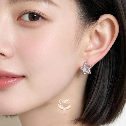 Sweet Cool Star Zircon Micro Pave Copper Stud Earrings Silver Plated Minimalist Jewelry