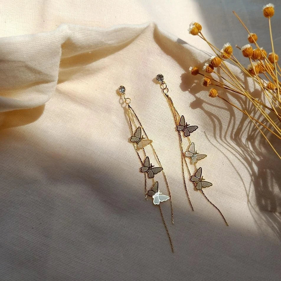 14K Gold Plated Copper Long Butterfly Tassel Stud Earrings For Women Forest Style