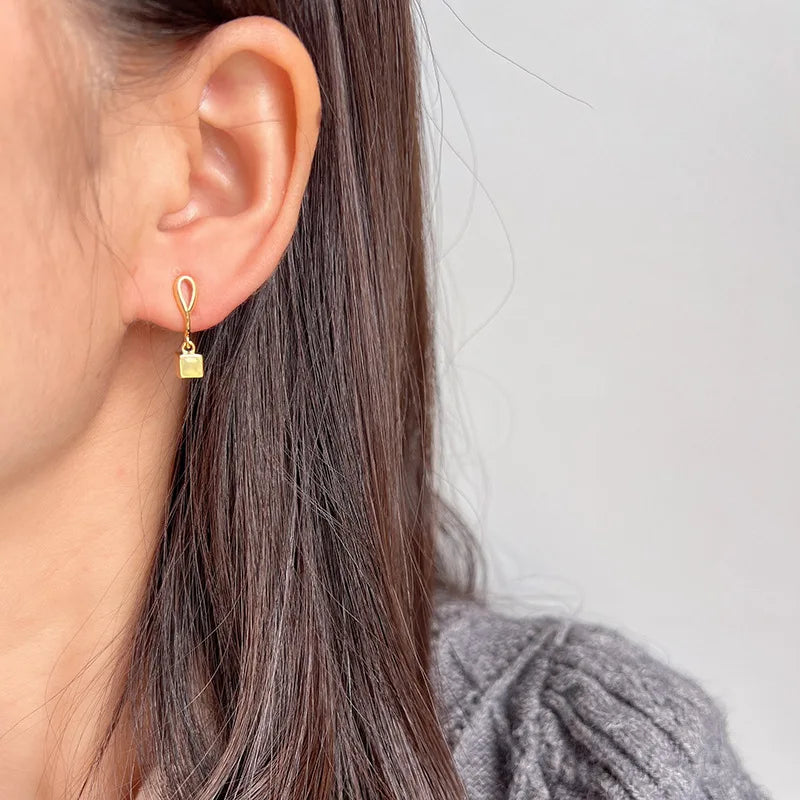Elegant Gold Tone Alloy Spiral Disc With Square Cube Drop Stud & Clip On No Piercing Earrings