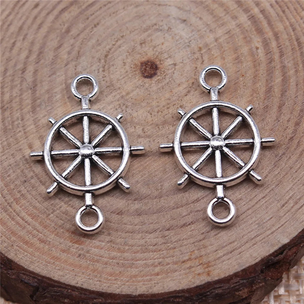 21x15mm 1.1g Antique Silver Zinc Alloy Ship Wheel Connector Charm for DIY Nautical Jewelry Making