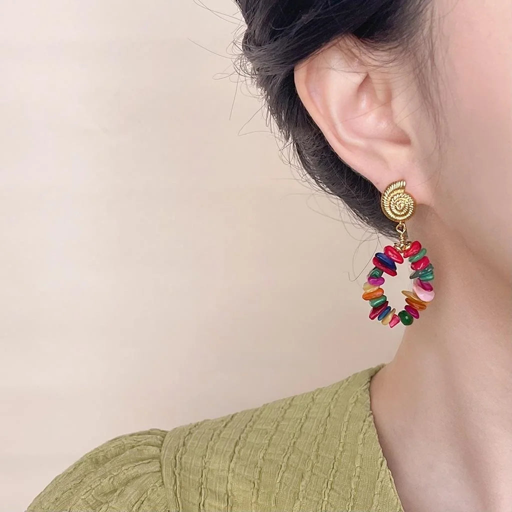 Handmade Colorful Shell 14K Gold Plated Geometric Hoop Drop Earrings Sweet Vacation Style