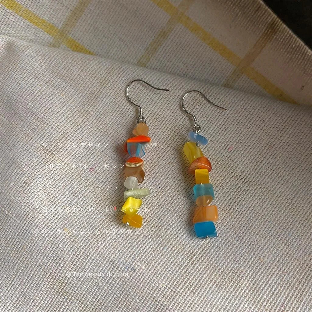 Sweet Geometric Glass Cat Eye Stone Tassel Drop Earrings With Silver Plated Pins