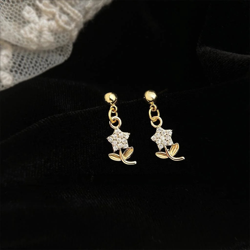 Fresh Sweet 14K Plated Micro Pave Zircon Flower Leaf Copper Drop Earrings