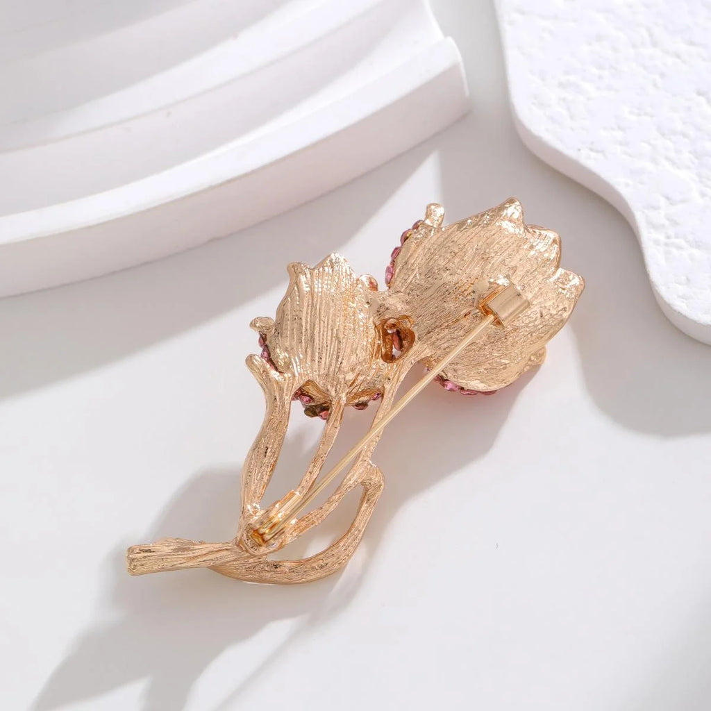 Elegant Tulip Flower Brooch With Glass Crystal Rhinestones, Rose Gold Alloy Lapel Pin Corsage Gift