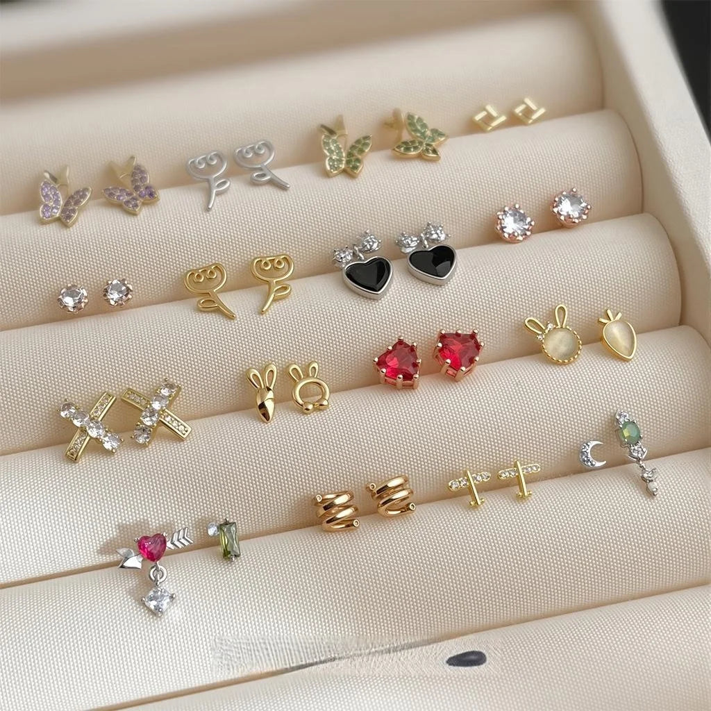 14K Plated Copper Micro Pave Zircon Tiny Stud Earrings Minimalist Geometric Daily Jewelry