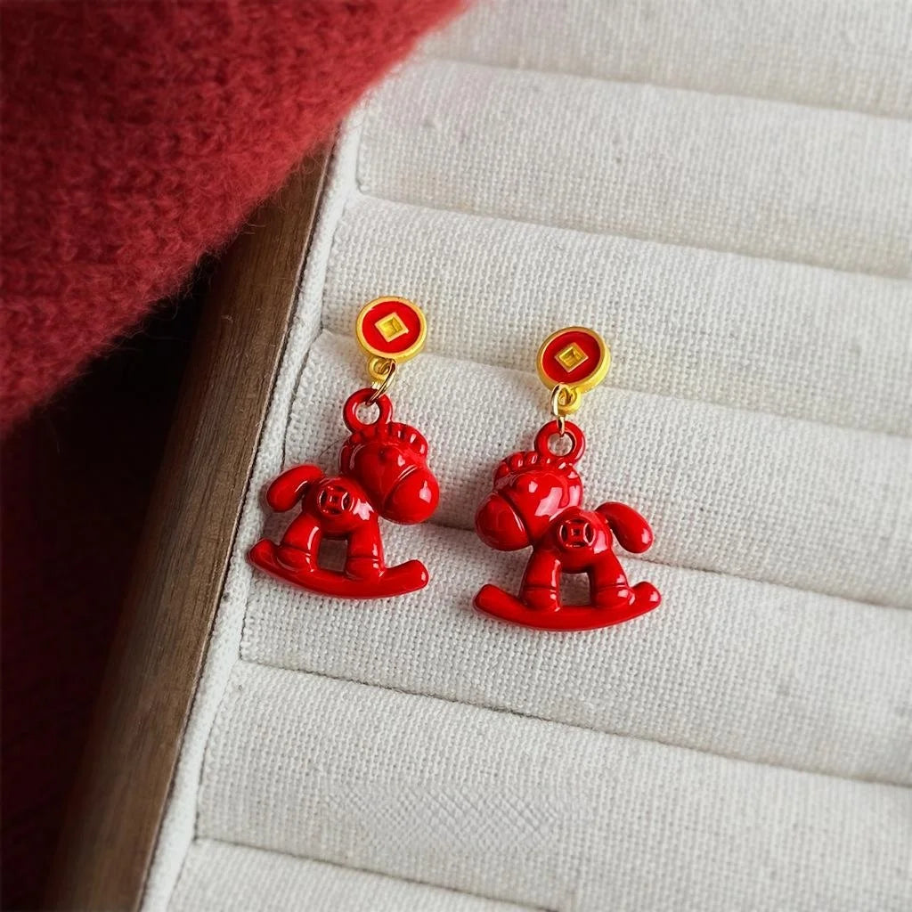 Chinese Style Horse Zodiac Enamel Copper Drop Earrings For Women
