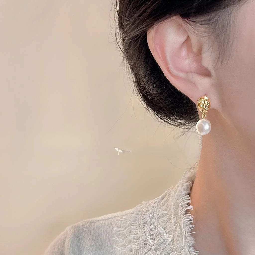 French Vintage Irregular Freshwater Baroque Pearl 14K Silver Plated Copper Drop Earrings