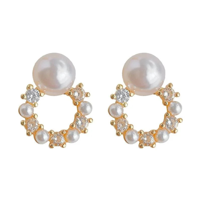 14K Gold Plated Copper Zircon Pearl Geometric Round Mini Stud Earrings For Women