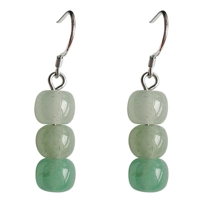 New Chinese Green Natural Stone Beaded Long Stud Earrings Geometric Round Minimalist Jewelry