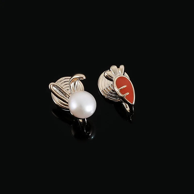 Cute Asymmetric Bunny And Carrot Freshwater Pearl Enamel Alloy Stud & Clip On No Piercing Earrings