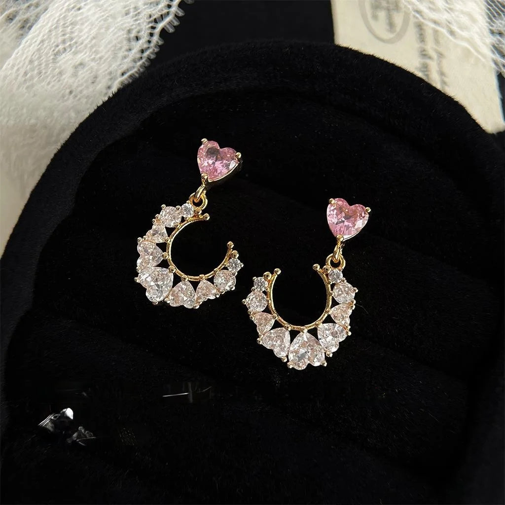 Light Luxury Copper Zircon Moon Heart Geometric Drop Earrings